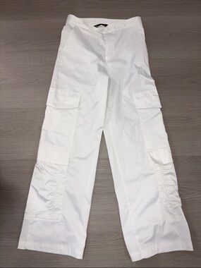 Zara White Wide-Leg Cargo Pants with Ruched Panels